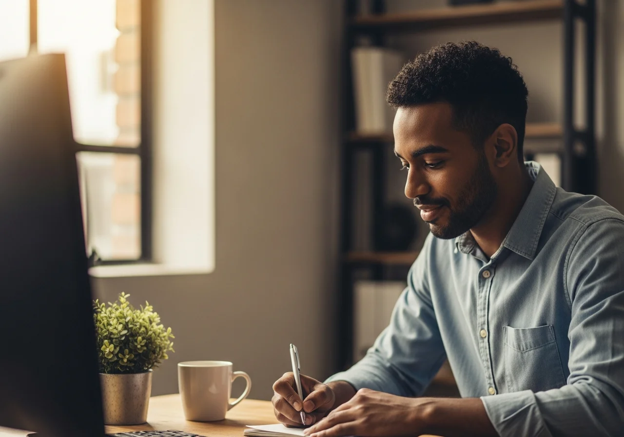 Analista de RH fazendo anotações sobre métricas de recrutamento em um caderno, com um sorriso leve e focado.