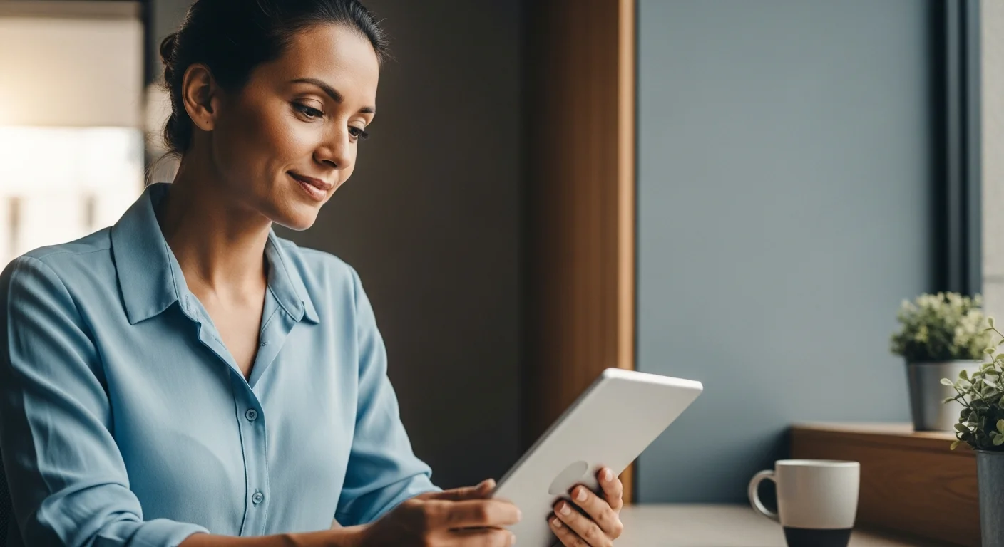 Gestora de RH brasileira analisando um relatório de KPIs em tablet com uma expressão pensativa e levemente sorridente.