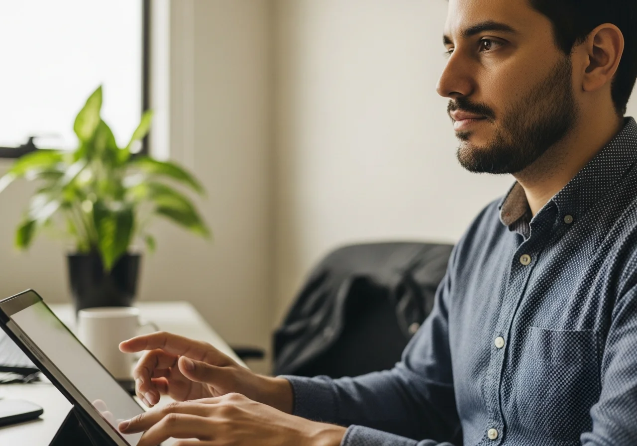 Mãos de um homem sobre um tablet exibindo um gráfico simples, com expressão pensativa em um canto de escritório.