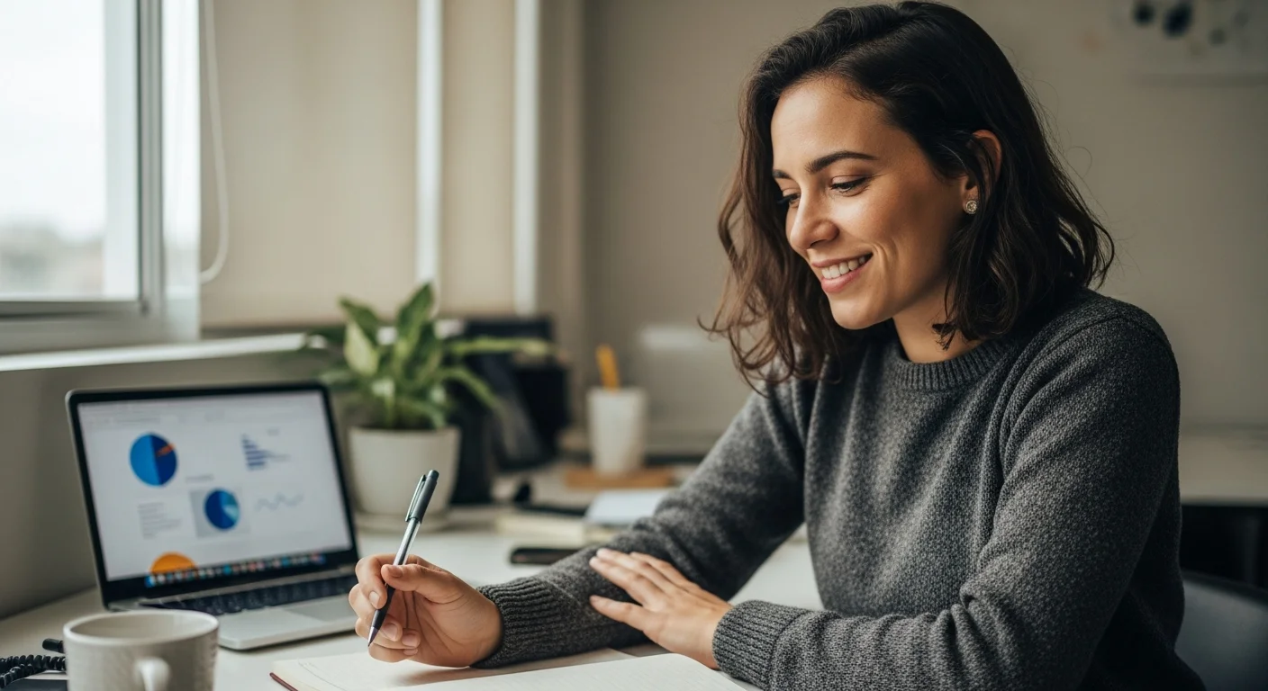 Mulher com meio sorriso relaxado olhando para um caderno em uma mesa de escritório, com um laptop desfocado ao fundo.