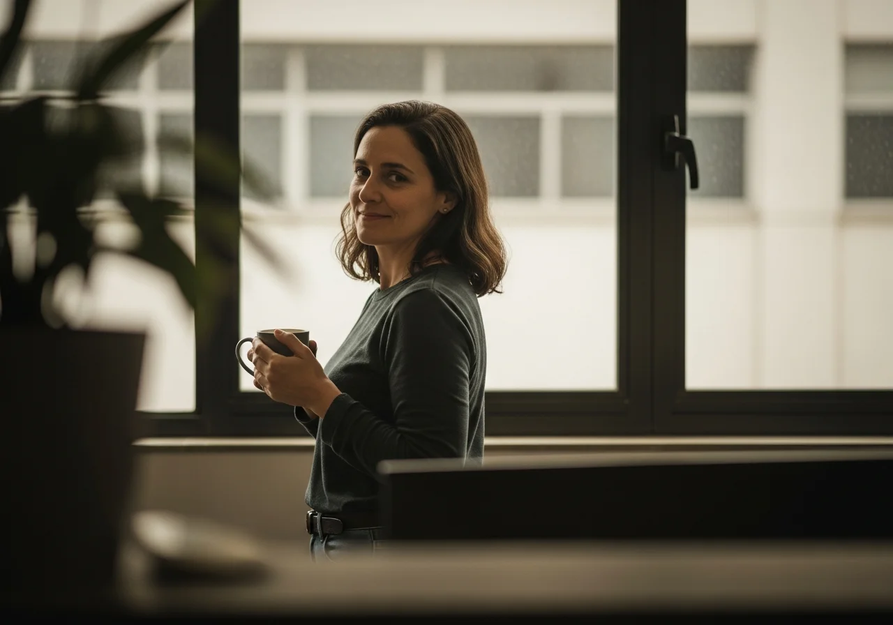 Mulher com um sorriso suave, em pé perto de uma janela de escritório, segurando uma caneca de café, com um monitor desfocado ao fundo.
