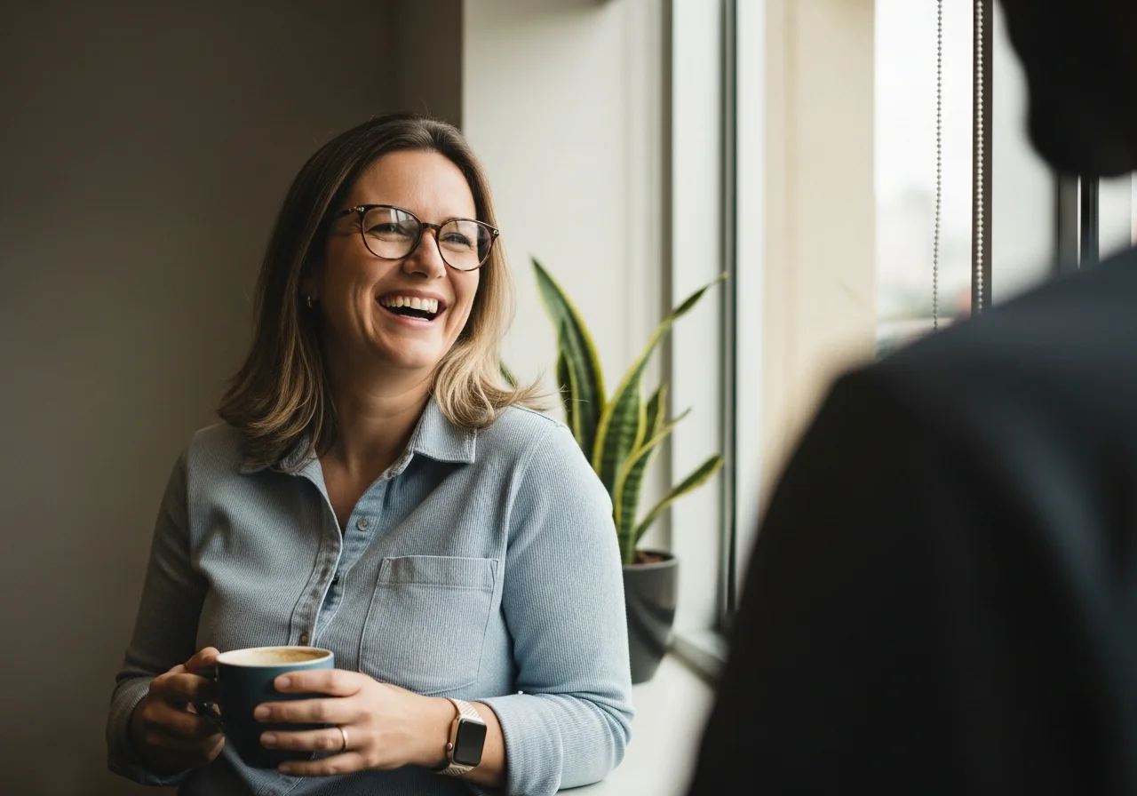 Profissional de RH sorrindo enquanto conversa com um colega em um ambiente de escritório iluminado, com uma xícara de café na mão.
